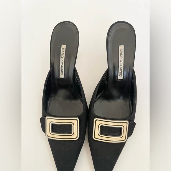 Manolo Blahnik Vintage Black Canvas White buckle pointed toe mules EU 41.5 - Picture 4 of 9